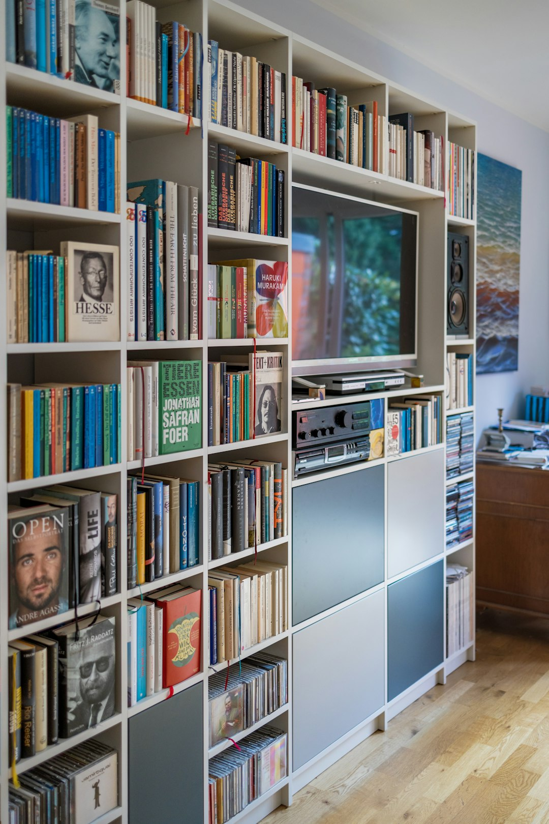 a speaker and many books on bookshelf
