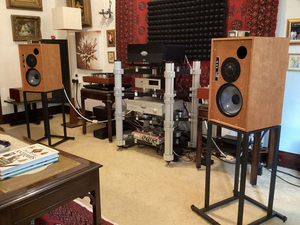 Customer photo: LS5/9 speakers on #594 solid steel stands